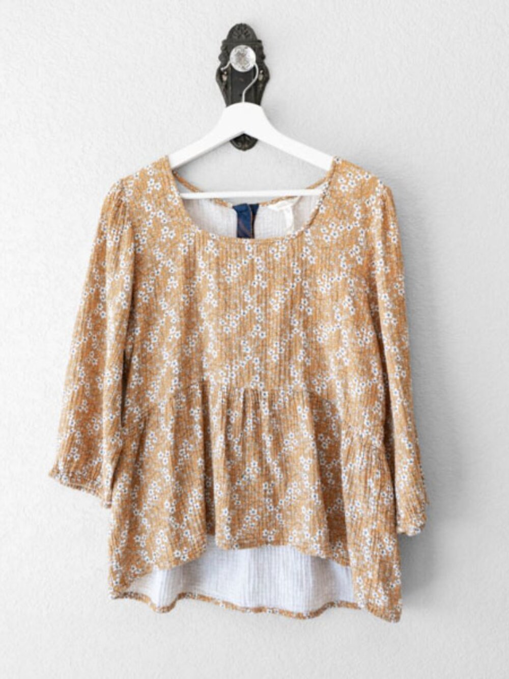 Matilda Jane Floral Gauze Top XL Brown White Cottagecore Button Back Cotton Boho